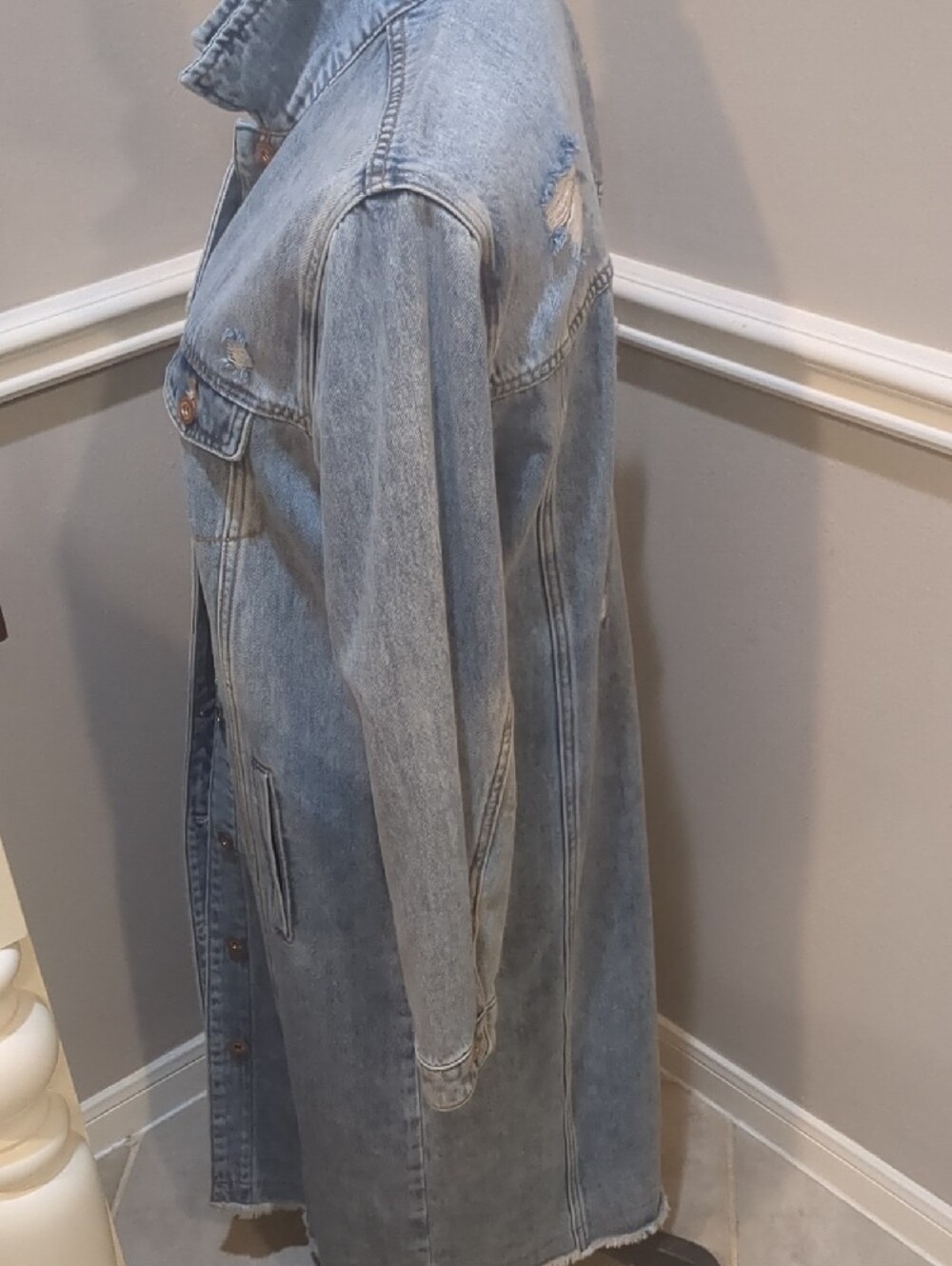 Tribal Long Light Wash Denim Trench Coat/Duster - Picture 2 of 5